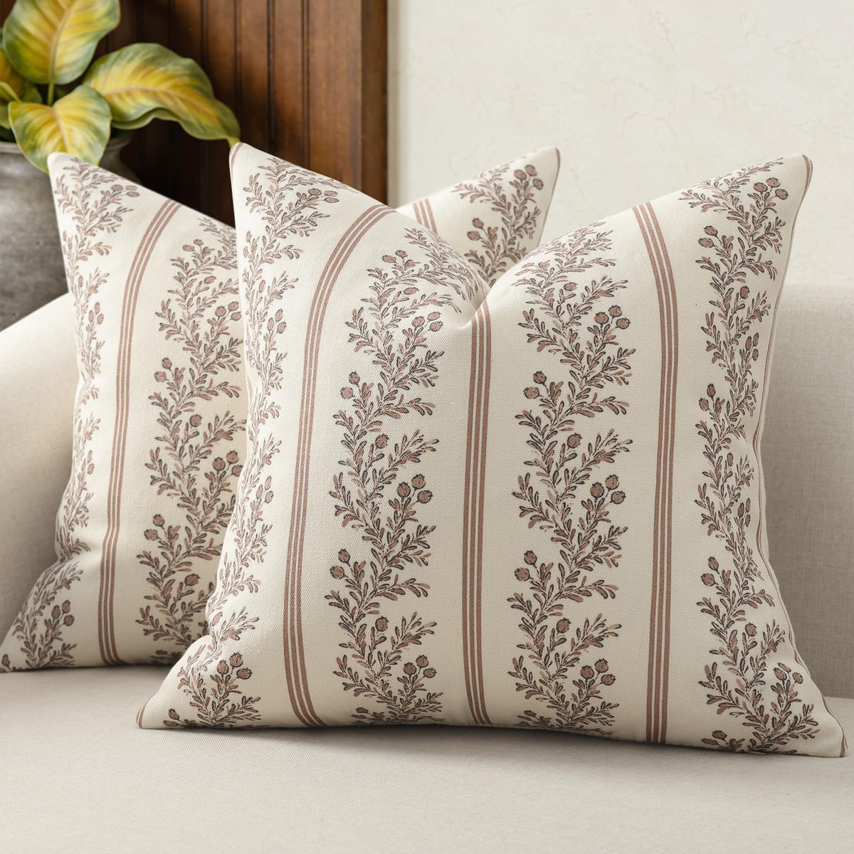 Vintage Throw Pillow Covers 18x18 Set of 2, Striped Floral Pillow Cover Botanical Patterned Decorative Cushion Covers Modern Farmhouse Home Decor for Sofa Couch Bed Living Room, Light Blue