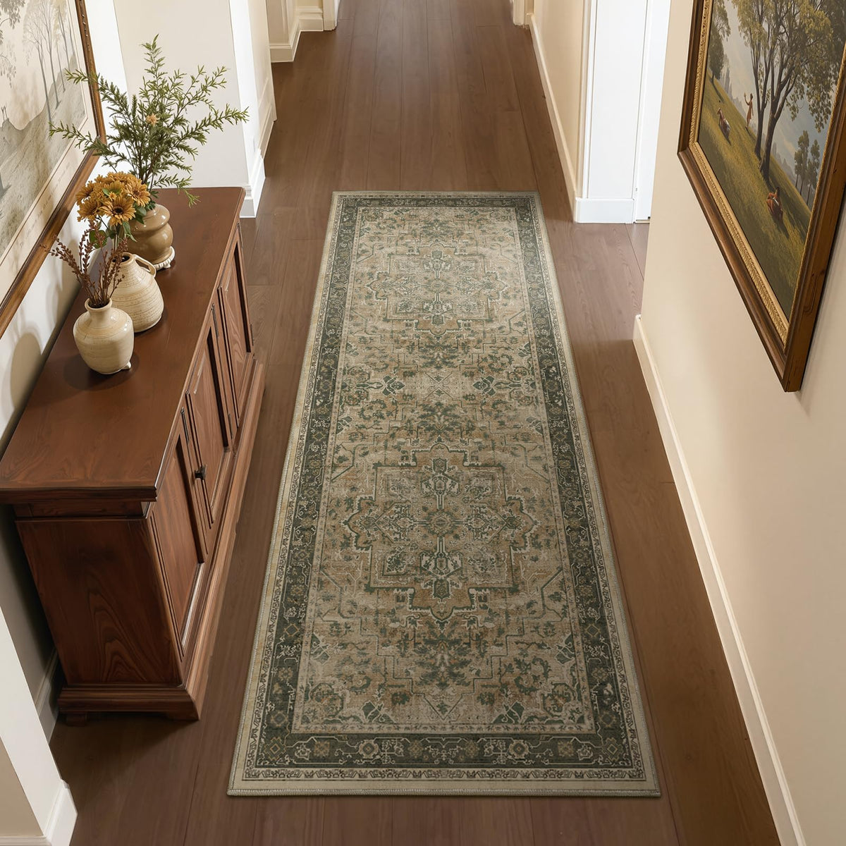 Vintage Dark Green Area Rugs 5x7 for Living Room, Tranditional Distressed Medallion Printed Low Pile Thin Rugs for Bedroom, Non Slip Washable Carpet Rugs for Dining Room/Kitchen/Home Office