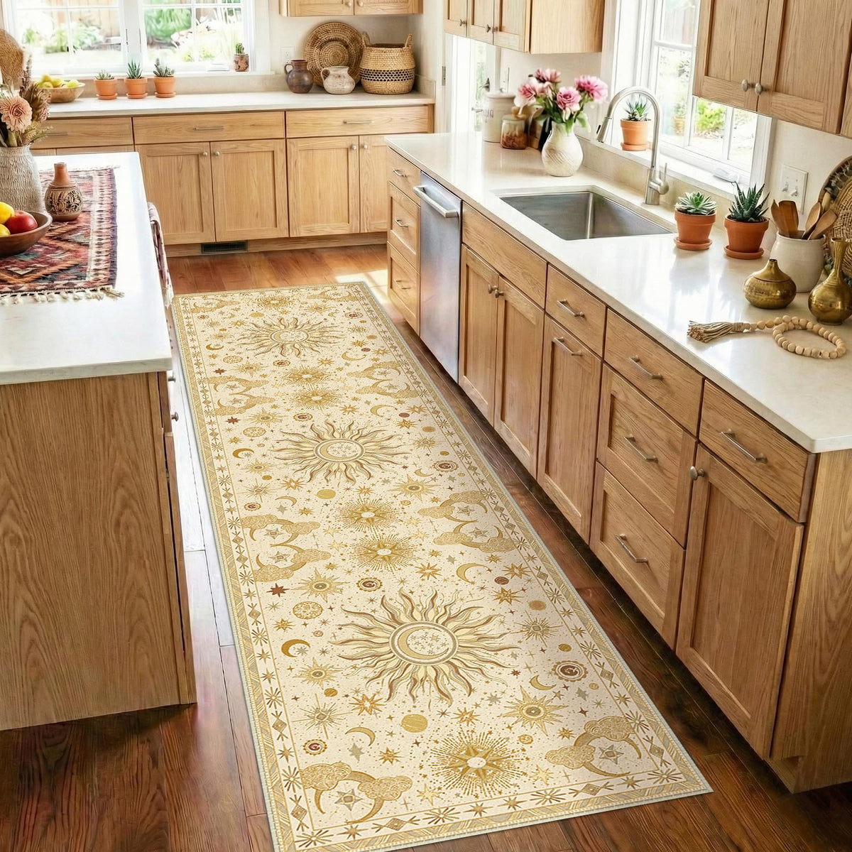 Vacuum-Friendly, 5x7 Washable Area Rug, Black Gold Beige Red