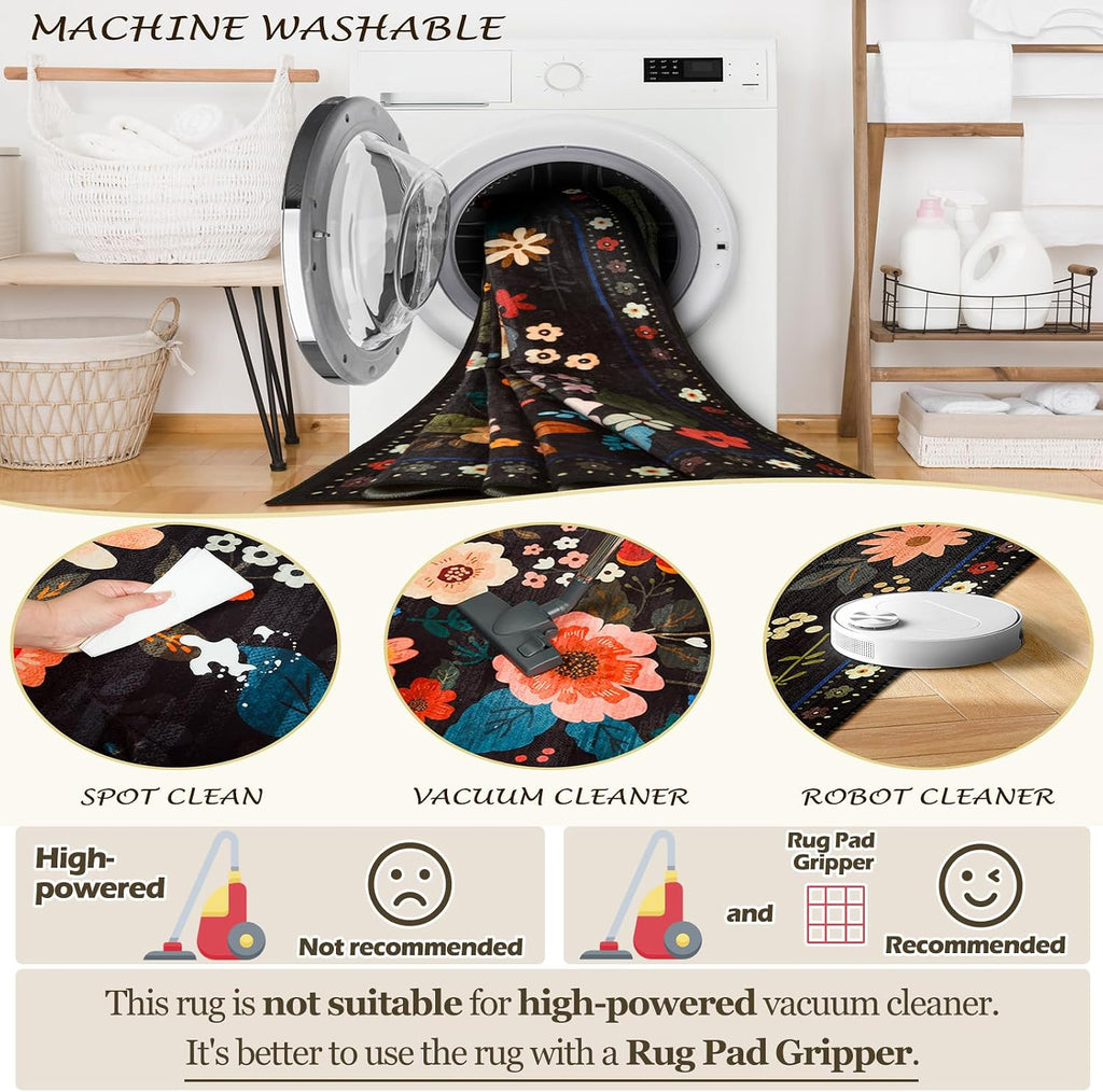 RELEANY Floral Washable 5x7 Area Rugs Black