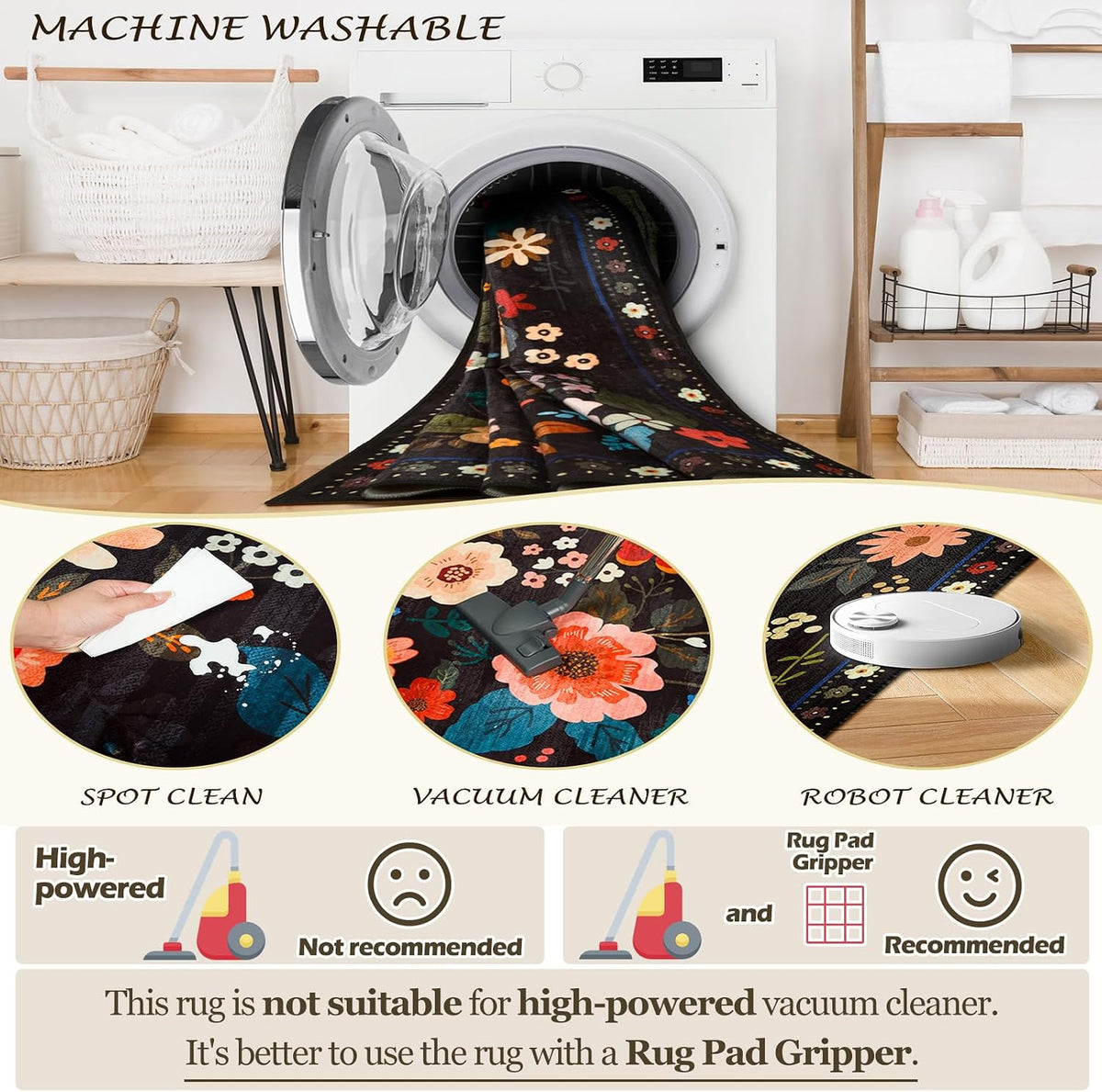 RELEANY Floral Washable 5x7 Area Rugs Black