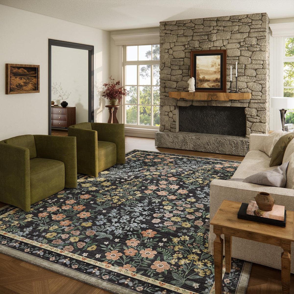 Washable Area Rugs for Living Room: 9x12 Area Rug for Bedroom Vintage Stain Resistant Non Slip Low Pile Lightweight Soft Carpet for Kitchen Dining Room Farmhouse Kids Room Nursery