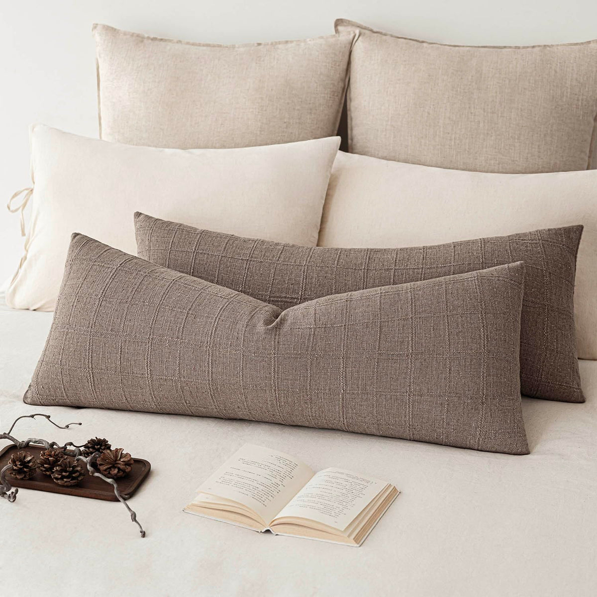 Foindtower Boho Linen Check Decorative Throw Pillow Cover 20×20 Olive Green