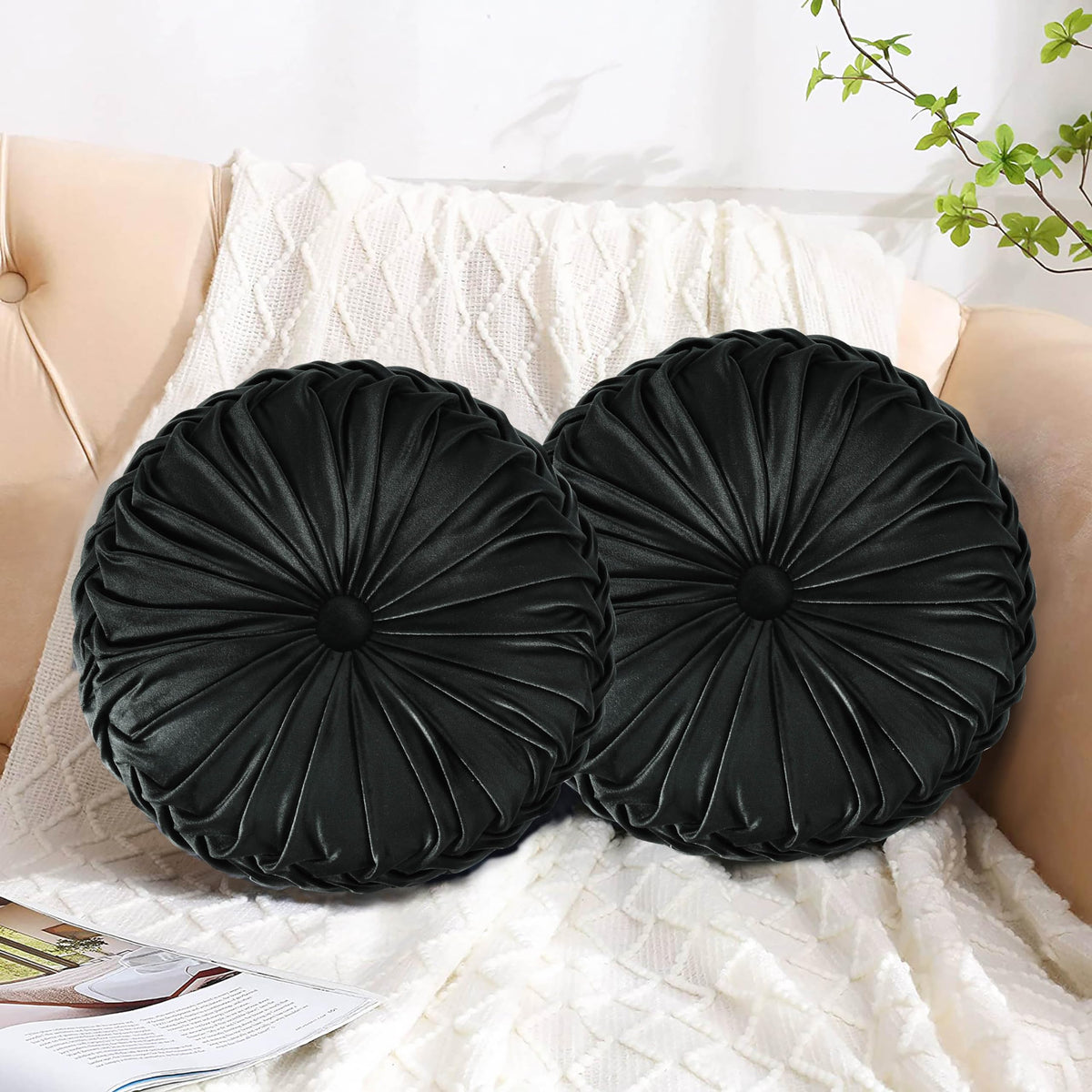 HIG Set of 2 Olive Velvet Decorative Round Pleated Throw Pillows