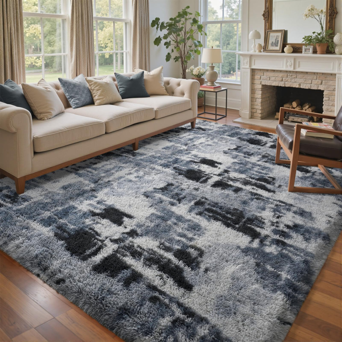 6x9 Ft Large Shag Rugs for Living Room Decor, Tie-Dyed Ultra Soft Fluffy Furry Area Rugs for Bedroom Indoor Floor, Aesthetic Carpet for Kids Home (Dark Grey)