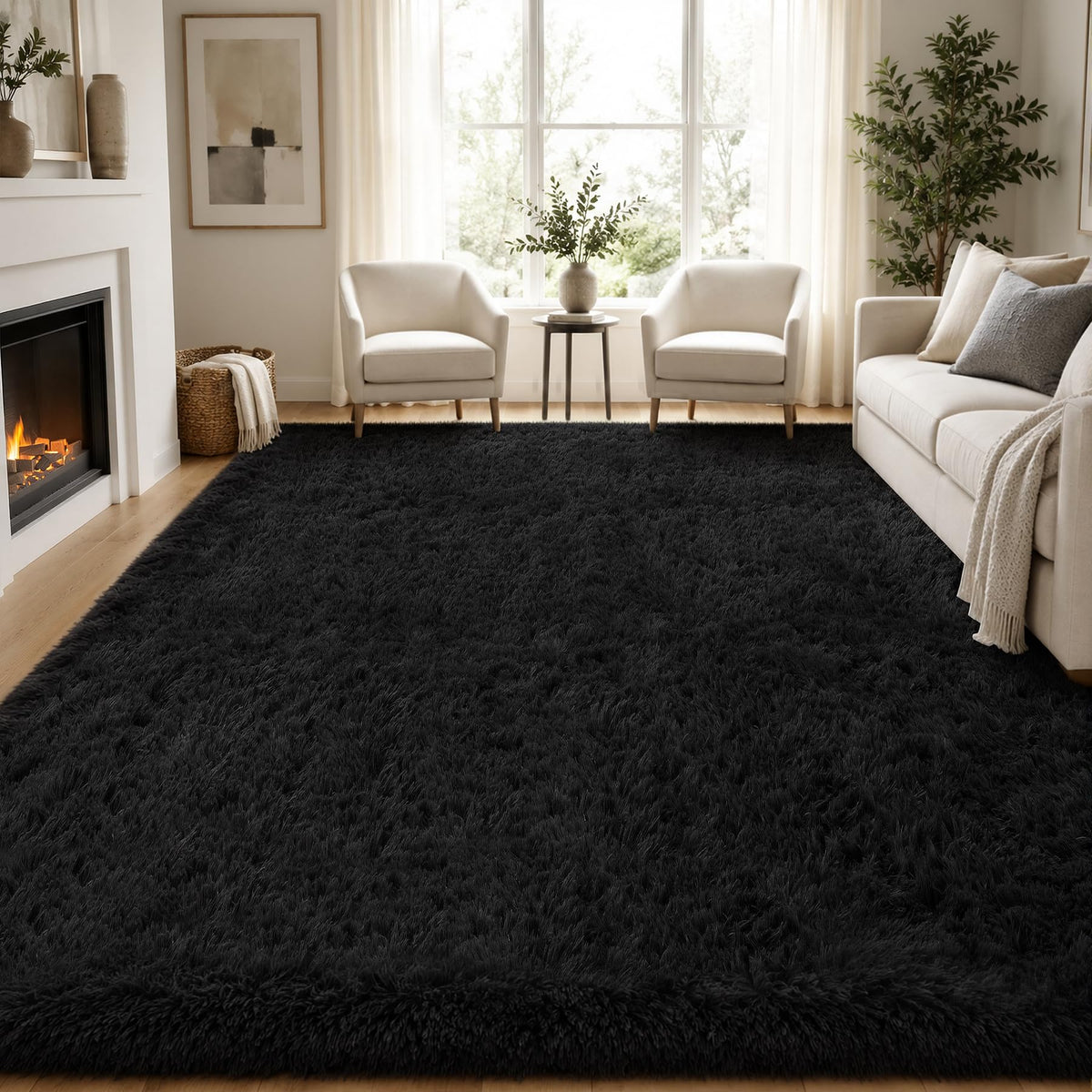 PLHXFR 8x10 Area Rugs Living Room: Fluffy Bedroom Soft Shag Rug Black Grey
