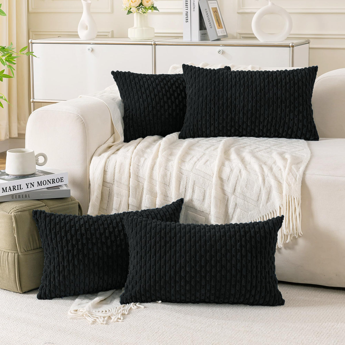 Set of 4 Neutral Decorative Throw Pillow Covers 18x18 Inch Corduroy Pillow Covers for Bed Couch Sofa Living Room Soft Square Cushion Cases