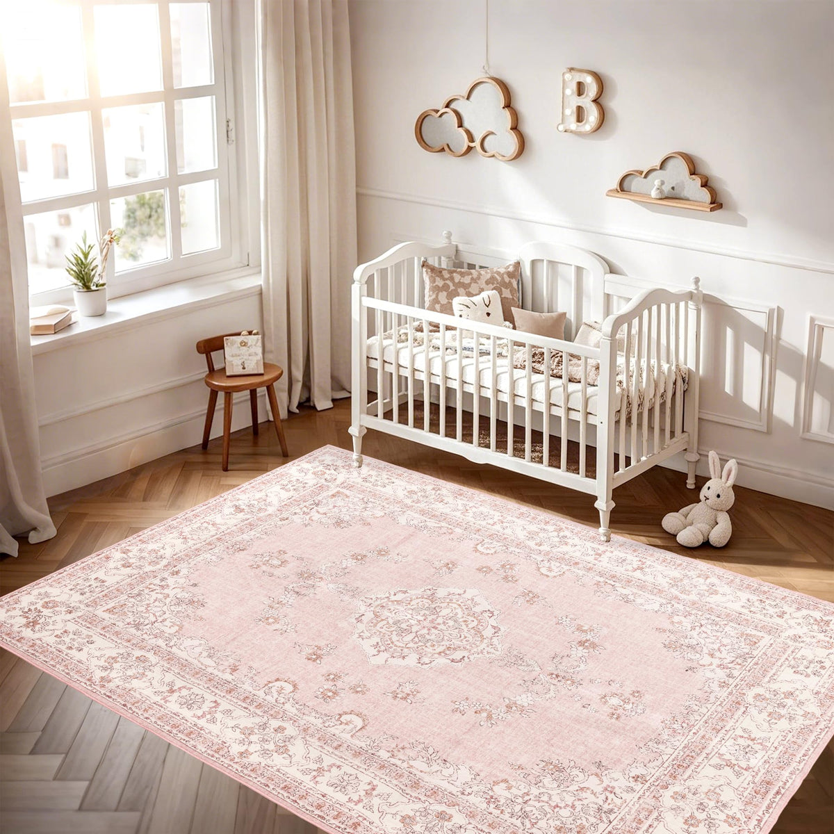Soft Pink Rug for Girls Room: 5x8 Vintage Washable Carpet Bedroom Nursery