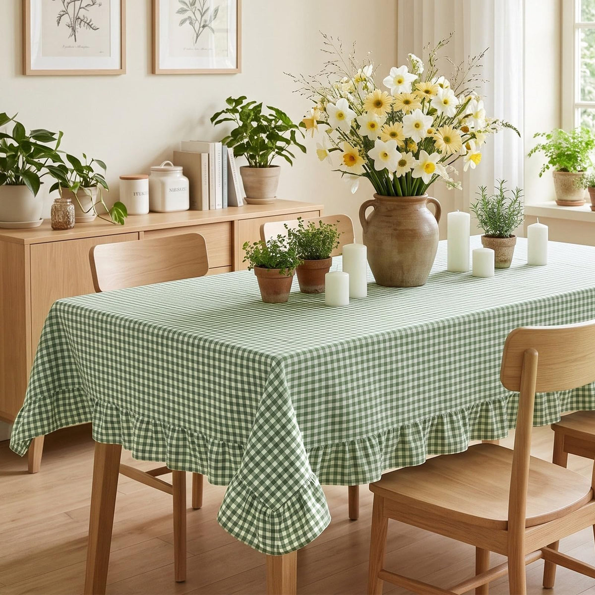 Mindsoft Brown Ruffled Gingham Tablecloth, 52 x 70 Inches, Rectangle
