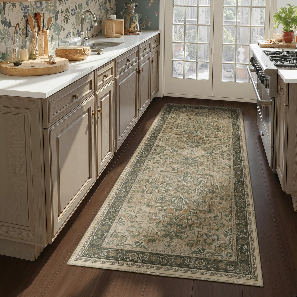 Vintage Dark Green Area Rugs 5x7 for Living Room, Tranditional Distressed Medallion Printed Low Pile Thin Rugs for Bedroom, Non Slip Washable Carpet Rugs for Dining Room/Kitchen/Home Office