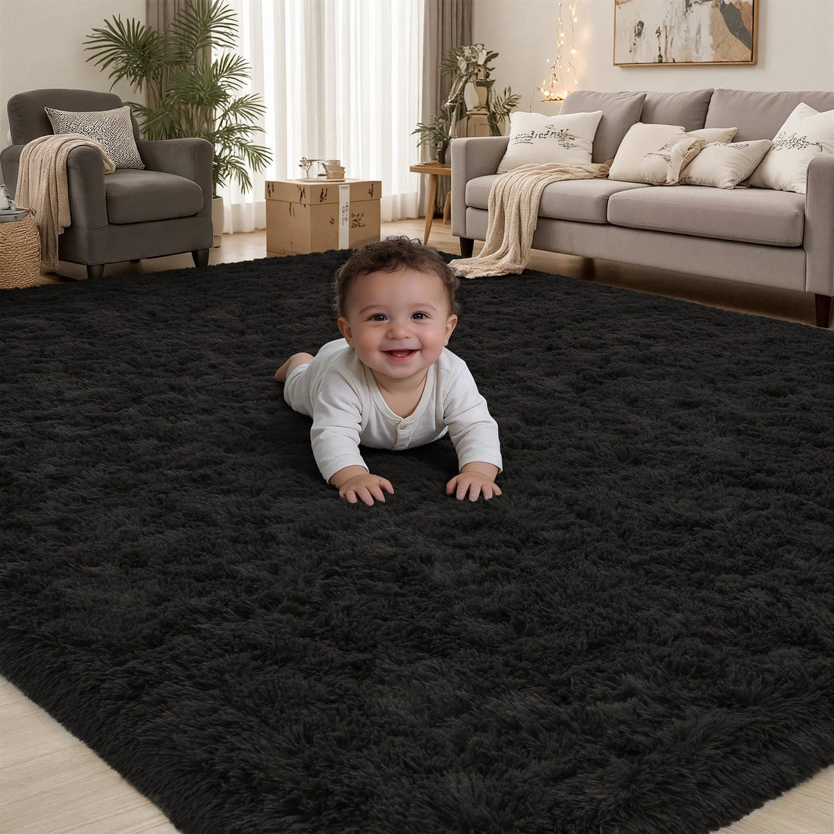 PLHXFR 8x10 Area Rugs Living Room: Fluffy Bedroom Soft Shag Rug Black Grey
