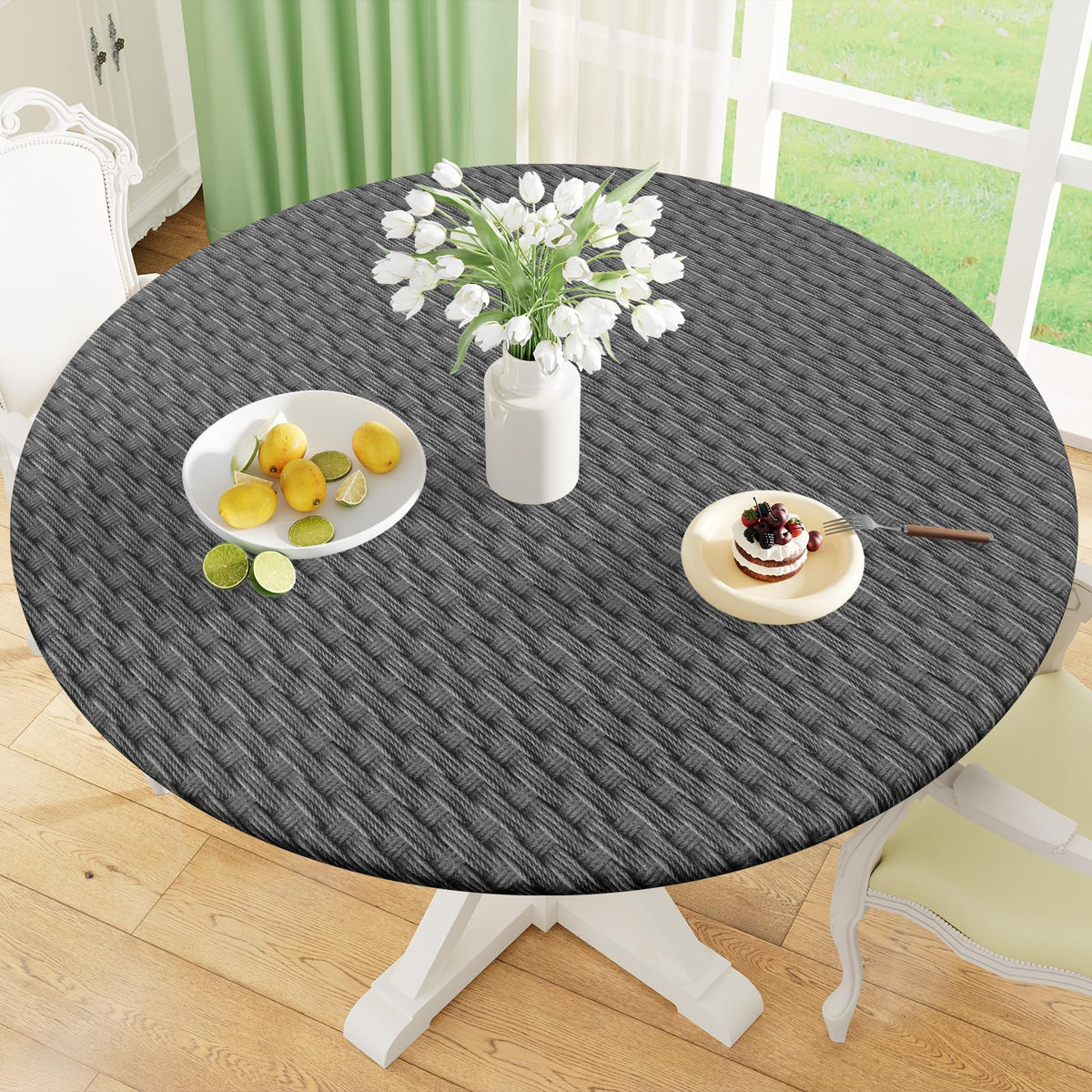 misaya Round Fitted Tablecloth with Elastic Edge, 100% Waterproof Oil Proof Plastic Table Cover, Vinyl Flannel Backed Tablecloth Fits 36"-44" Round Tables for Dinner, Outdoor, Picnic, Flowers