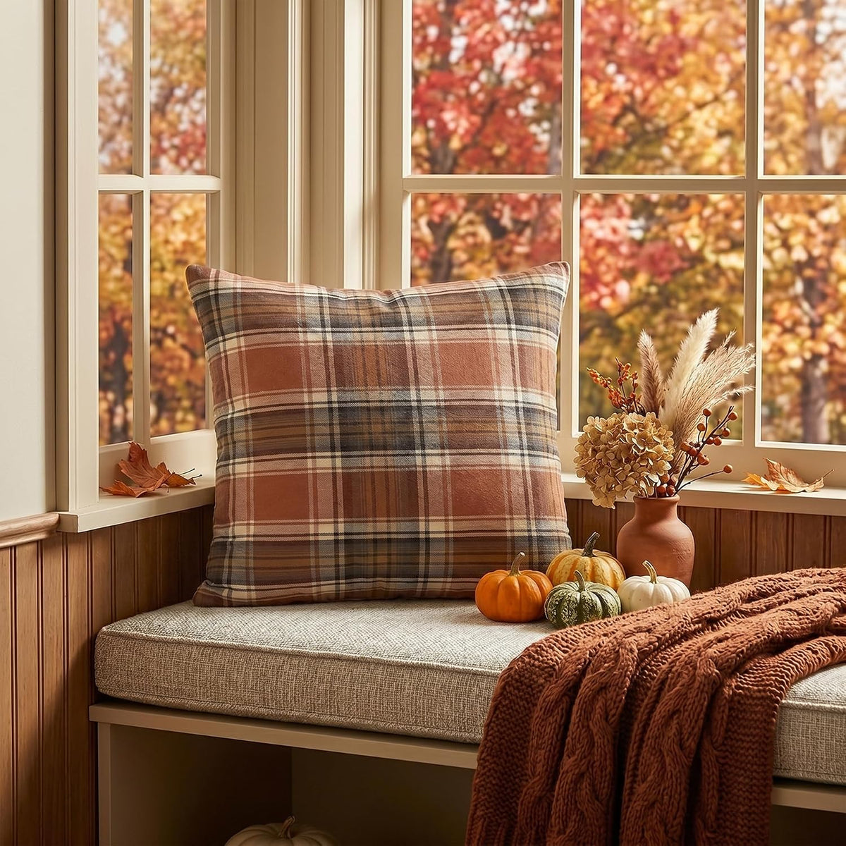 AVOIN colorlife Fall Caramel Brown Plaid Decorative Throw Pillow Covers, 18 x 18 Inch Holiday Scottish Tartan Cushion Case Farmhouse Decoration for Sofa Couch Set of 2