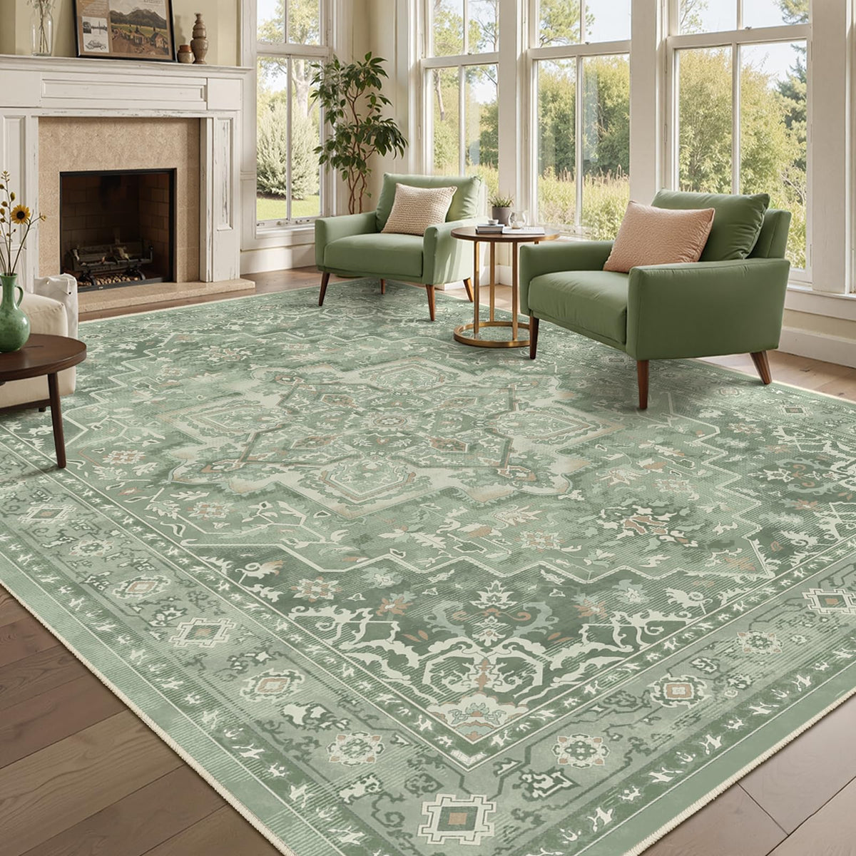 Vintage Dark Green Area Rugs 5x7 for Living Room, Tranditional Distressed Medallion Printed Low Pile Thin Rugs for Bedroom, Non Slip Washable Carpet Rugs for Dining Room/Kitchen/Home Office