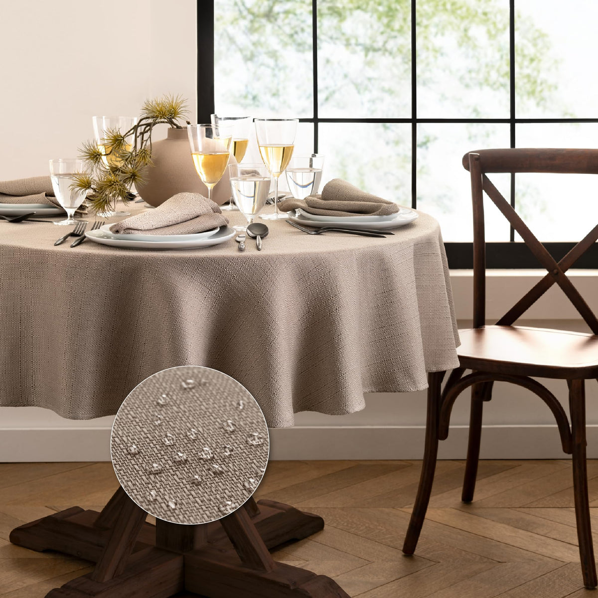 Elrene Home Fashions Laurel Solid Texture Water and Stain Resistant Tablecloth, 90" Round, Gray