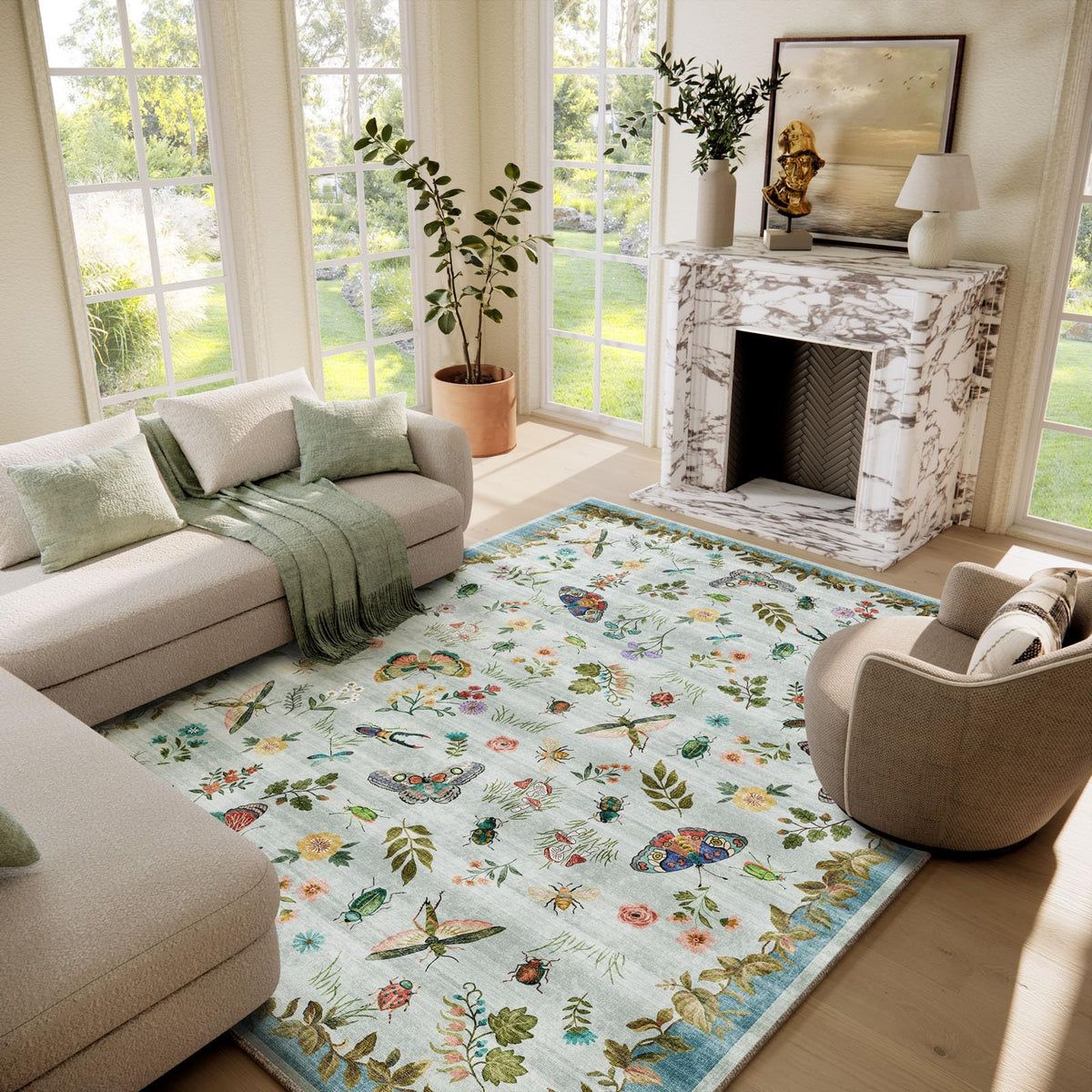 Washable Area Rugs for Living Room: 9x12 Area Rug for Bedroom Vintage Stain Resistant Non Slip Low Pile Lightweight Soft Carpet for Kitchen Dining Room Farmhouse Kids Room Nursery