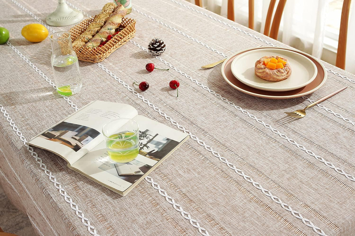 Chassic 60 x 84 inches Farmhouse Style Linen tablecloths, Wrinkle Resistant Washable Dining Room Table Cloths for Rectangle Tables - Hemstitch Light Coffee