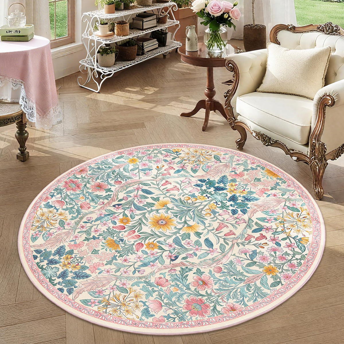 Floral Area Rug 5x7 Botanical Washable Carpet for Living Room