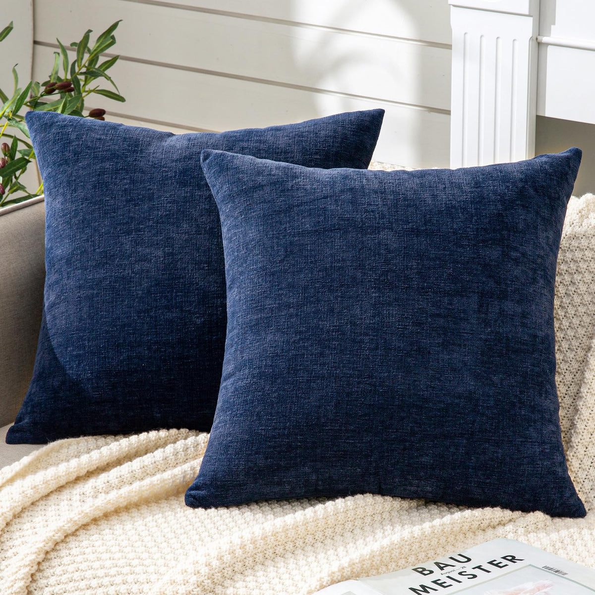 GAWAMAY Decorative Throw Pillow Covers 16x16 Inch Set of 2, Super Soft Chenille Square Pillows Farmhouse Fall Pillowcase for Living Room Bedroom Sofa Couch Cushion Cover Navy Blue 40x40cm
