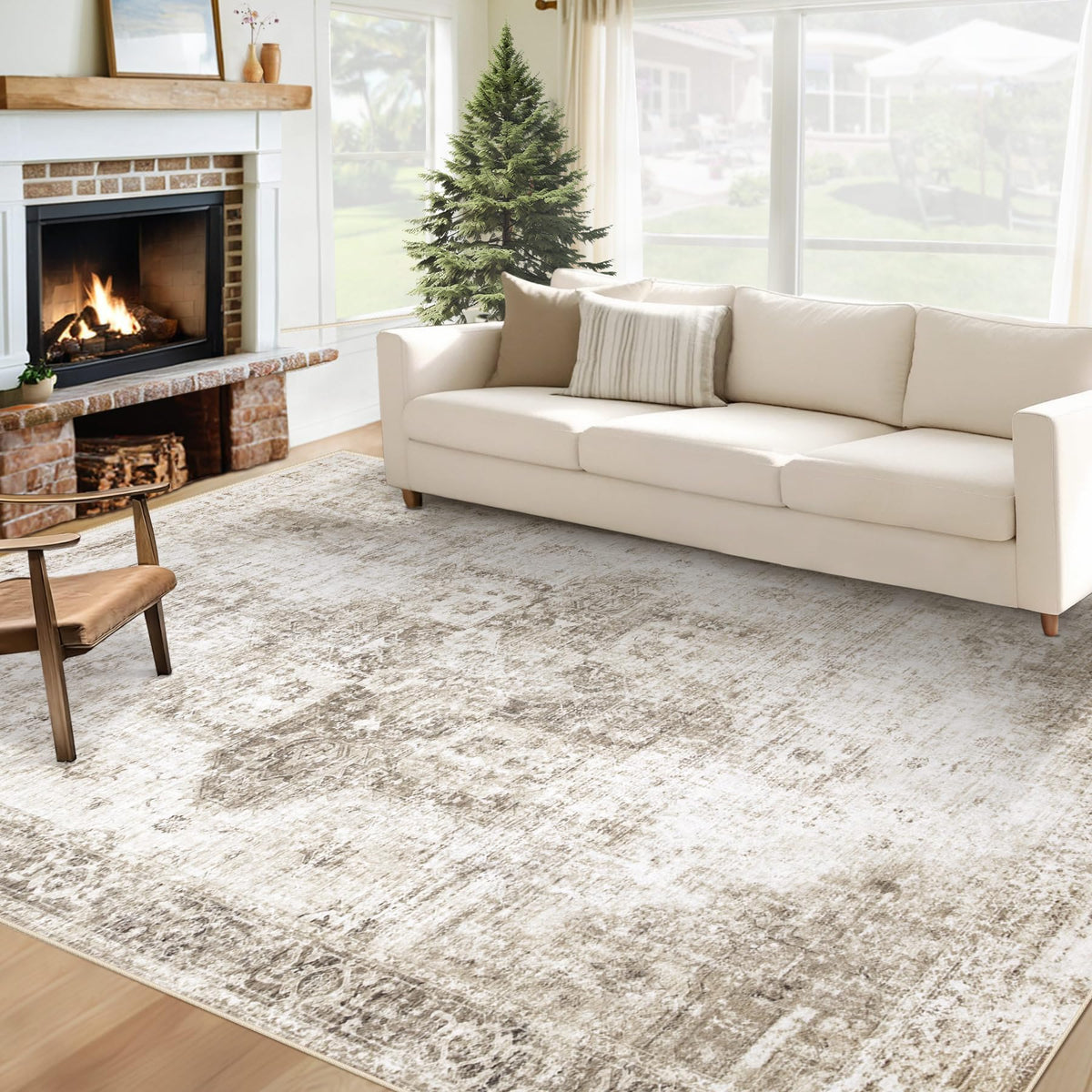 Area Rug 8x10 Washable Rug, Vintage Boho Medallion Rugs Non-Slip Soft Low Pile Large Distressed Rug Indoor Retro Carpet for Living Room Bedroom Dining Room Office Children's Room(Beige, 8'x10')