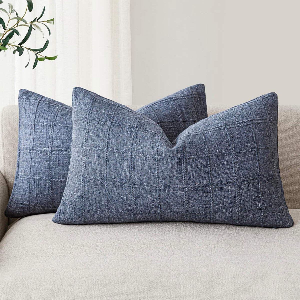 Foindtower Boho Linen Check Decorative Throw Pillow Cover 20×20 Olive Green