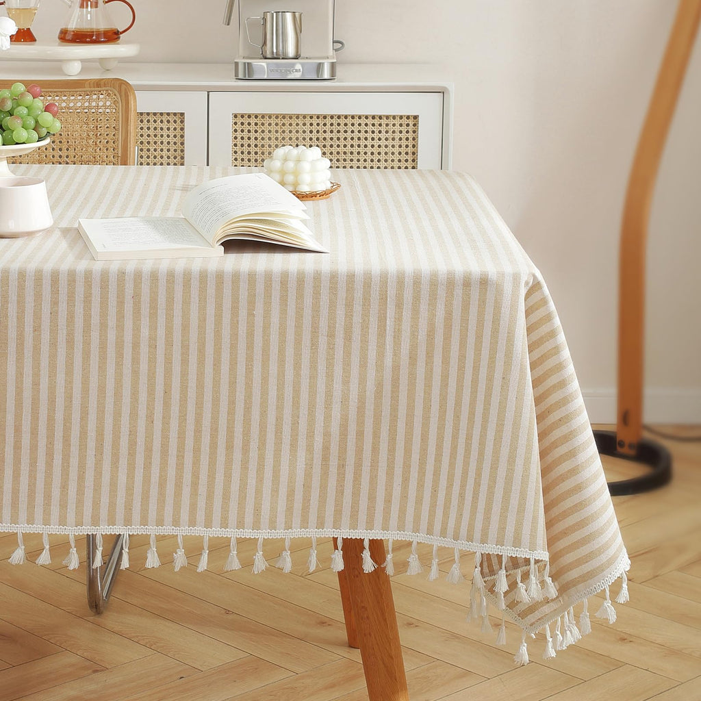 meioro Table Cloth Blue White Striped Tablecloth with Tassels Cotton Linen Dust-Proof Table Cover for Dining Buffet Kitchen Picnic Tables, Parties Holiday Indoor Outdoor Tablecloths (39x55 Inch)