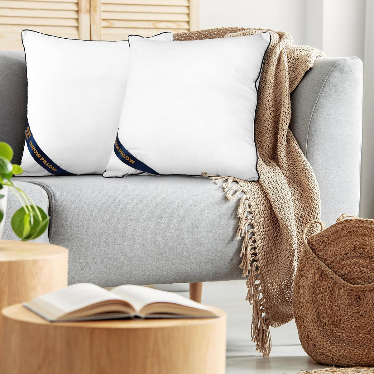 Premium Piping Throw Pillows 18x18, Decorative Pillow Inserts, 2-Pack