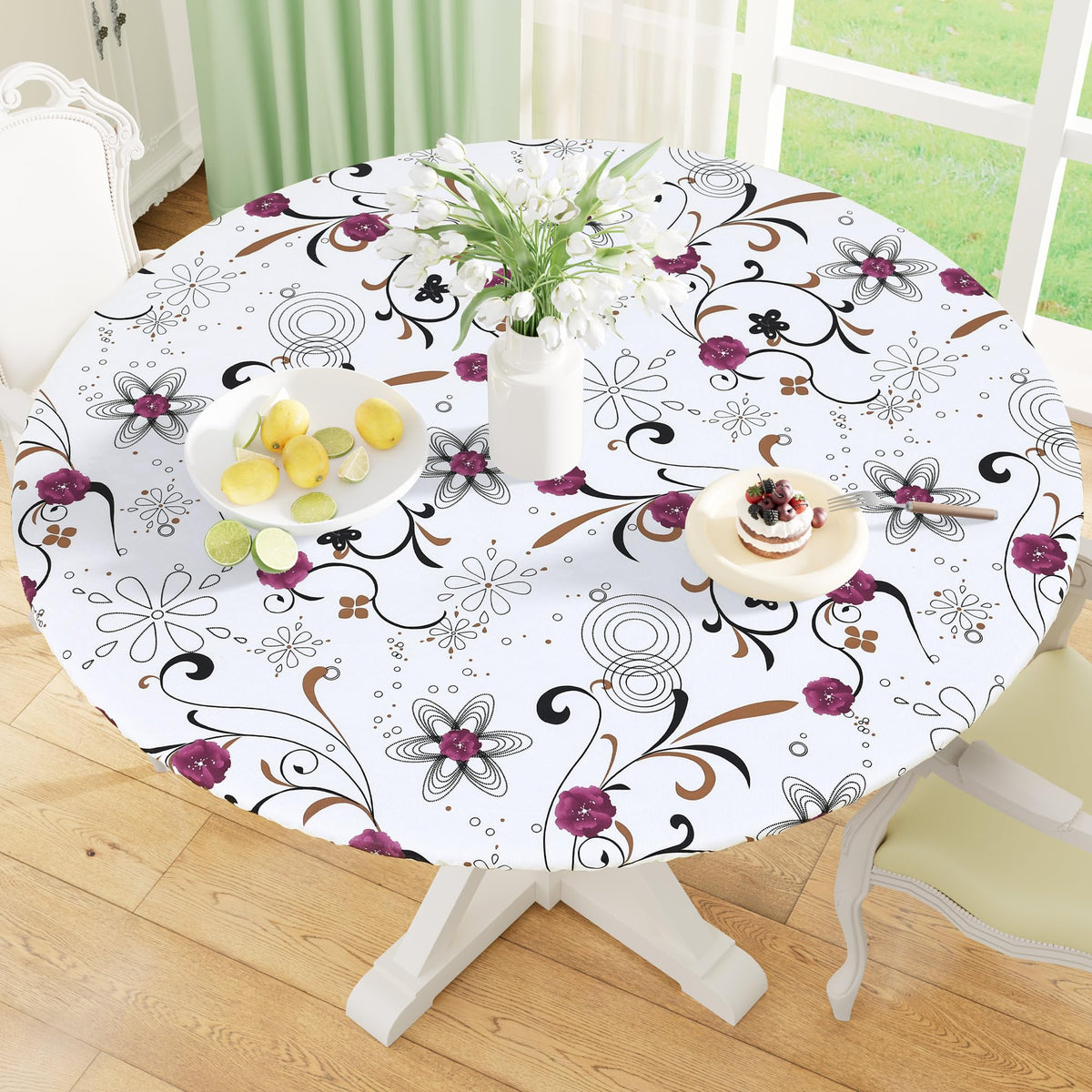 misaya Round Fitted Tablecloth with Elastic Edge, 100% Waterproof Oil Proof Plastic Table Cover, Vinyl Flannel Backed Tablecloth Fits 36"-44" Round Tables for Dinner, Outdoor, Picnic, Flowers