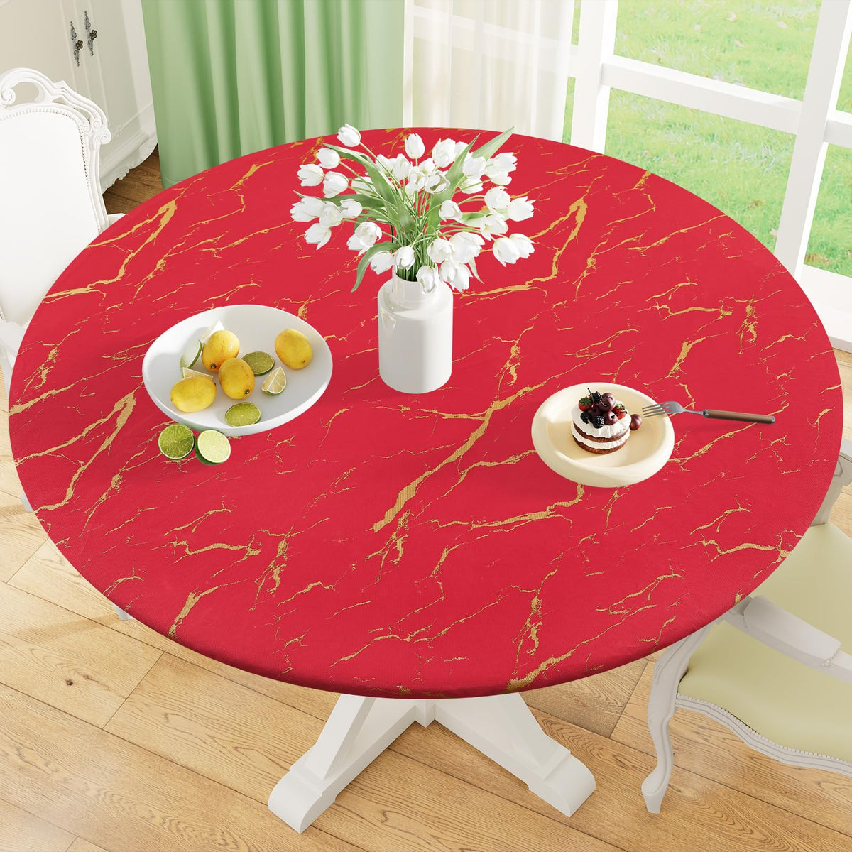 misaya Round Fitted Tablecloth with Elastic Edge, 100% Waterproof Oil Proof Plastic Table Cover, Vinyl Flannel Backed Tablecloth Fits 36"-44" Round Tables for Dinner, Outdoor, Picnic, Flowers
