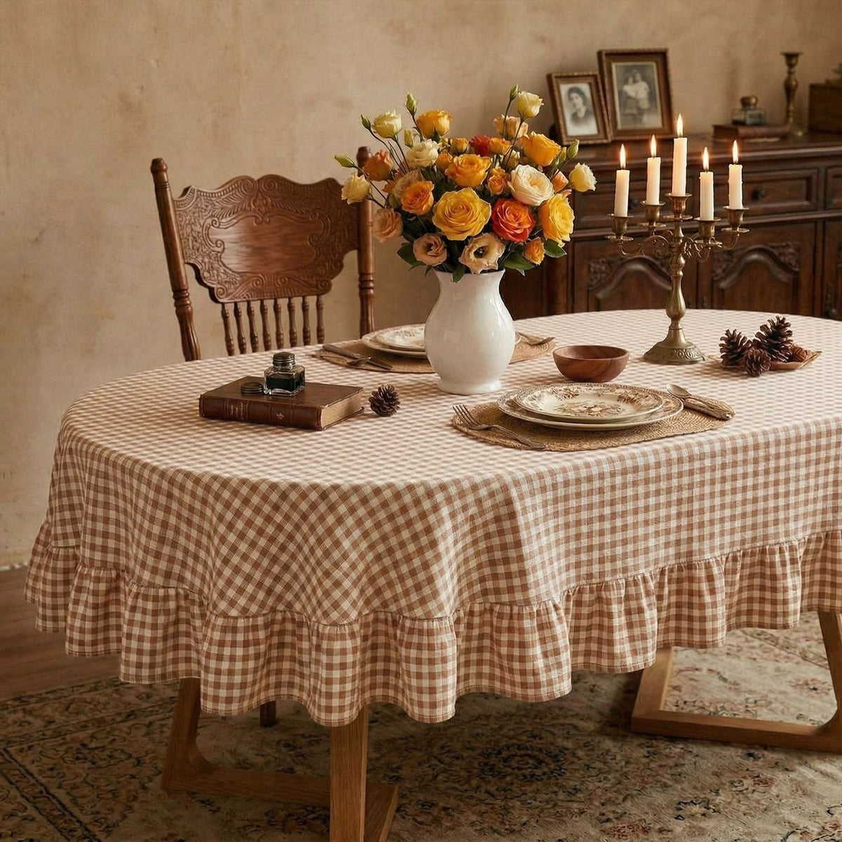Mindsoft Brown Ruffled Gingham Tablecloth, 52 x 70 Inches, Rectangle