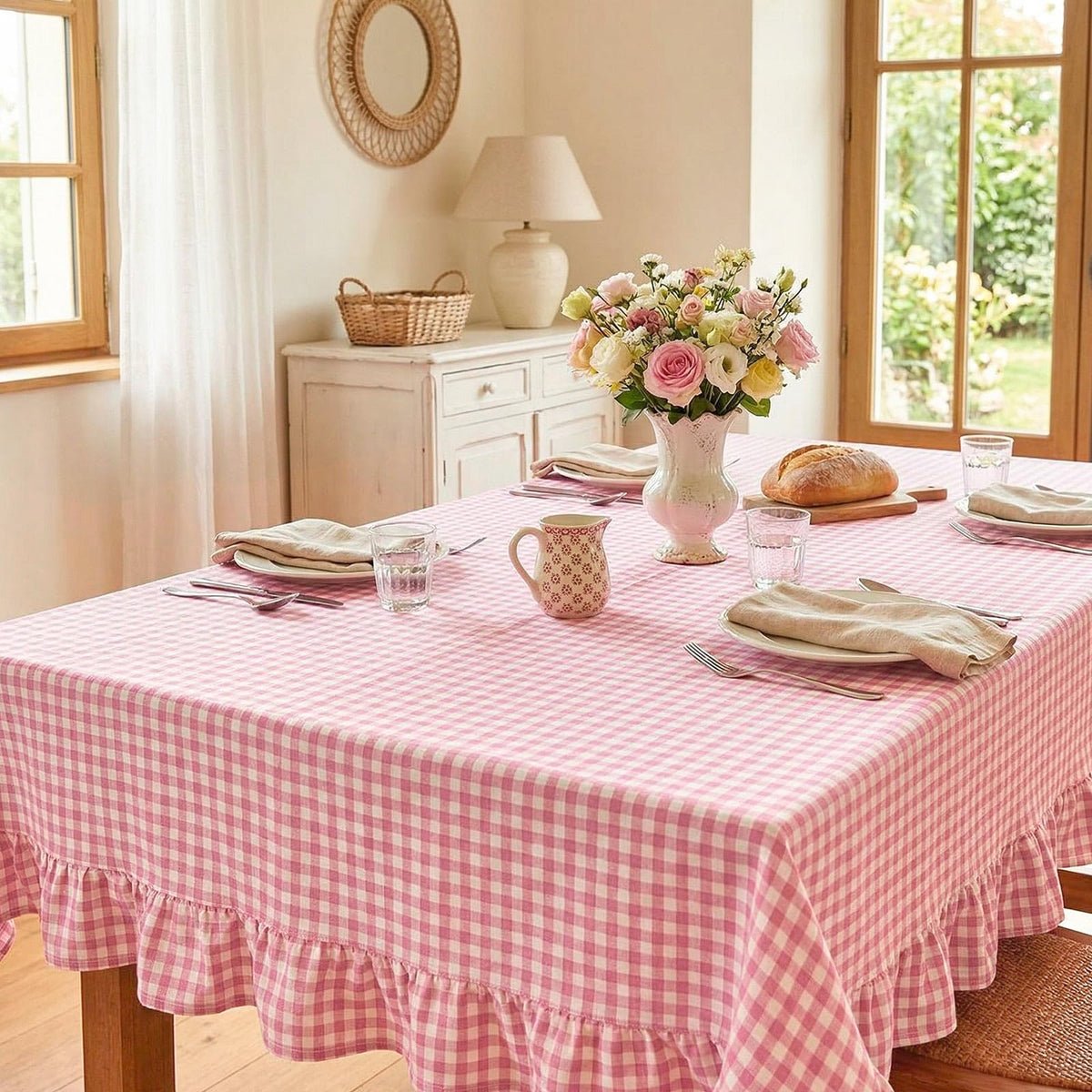 Mindsoft Brown Ruffled Gingham Tablecloth, 52 x 70 Inches, Rectangle