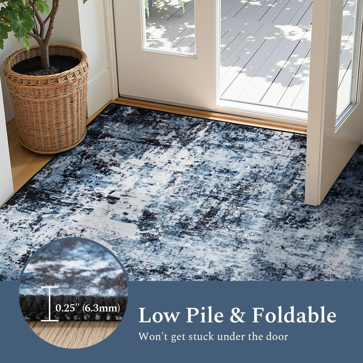 Rugflix 8x10 Area Rugs for Living Room, Washable Large Rug Stain-Resistant Low Pile, Modern Dark Carpet for Dining Room Home Office Kid Room Nursery Bedroom, Navy Blue/Black