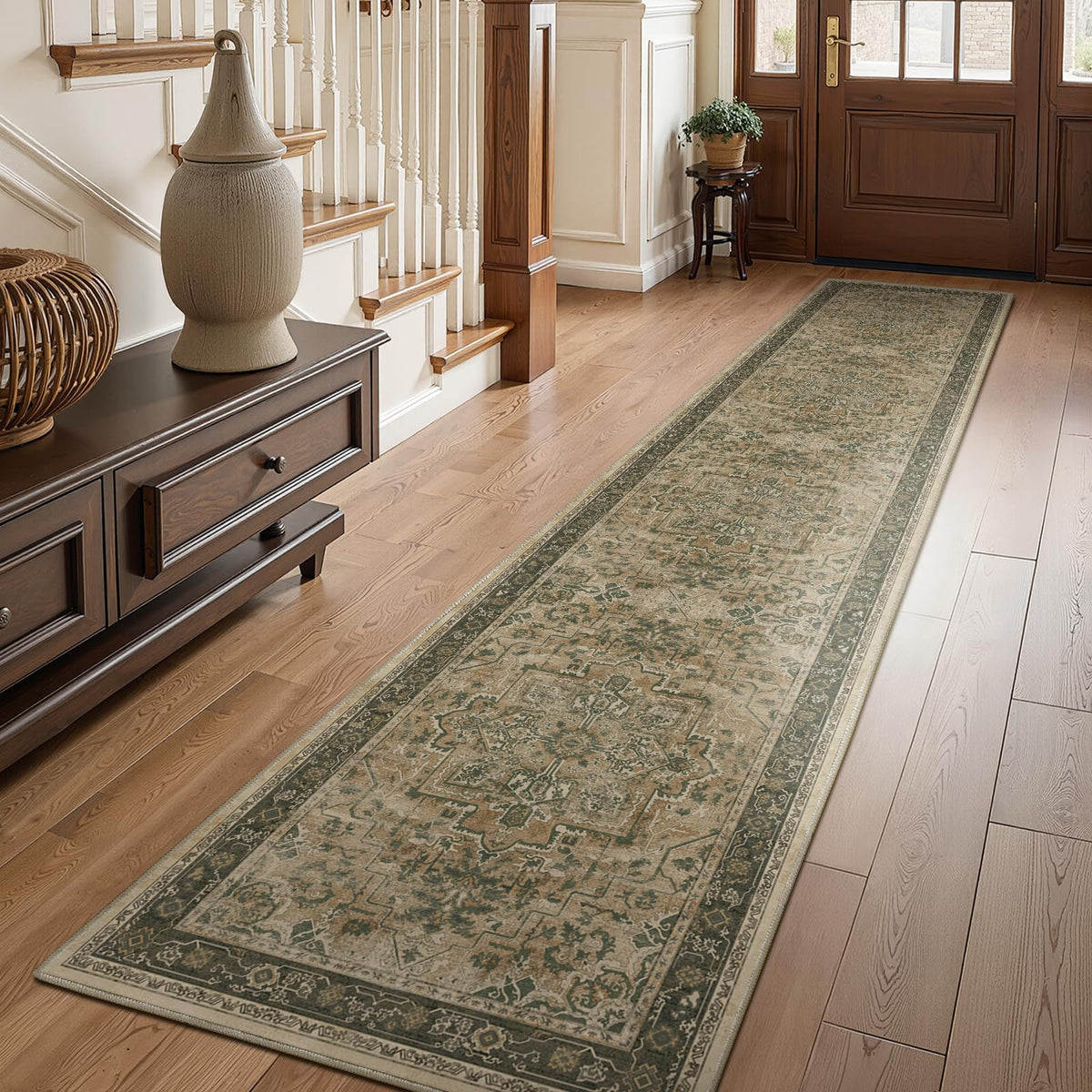 Vintage Dark Green Area Rugs 5x7 for Living Room, Tranditional Distressed Medallion Printed Low Pile Thin Rugs for Bedroom, Non Slip Washable Carpet Rugs for Dining Room/Kitchen/Home Office