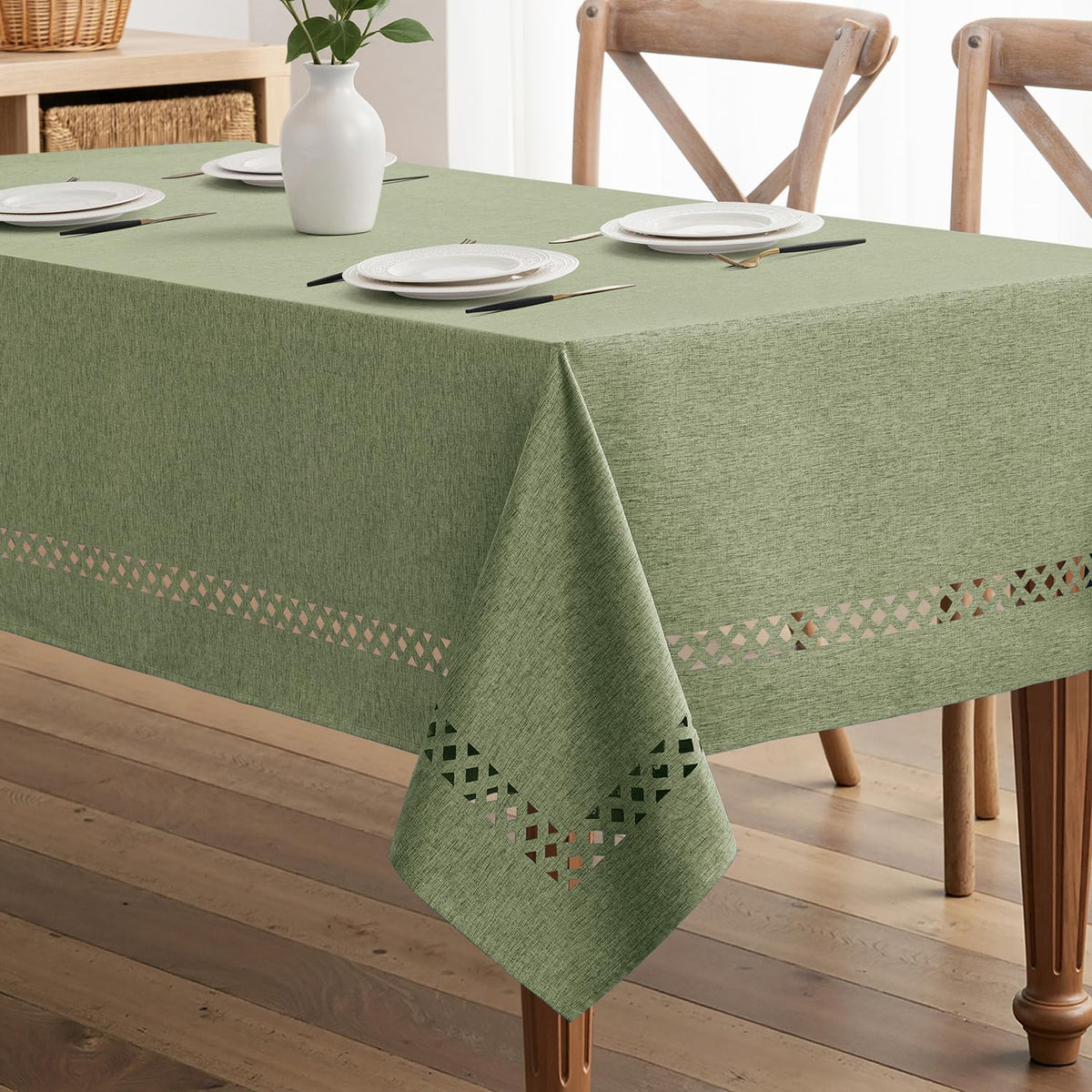 MIULEE Beige Rectangle Tablecloth with Decorative Cutouts 60x104 inch
