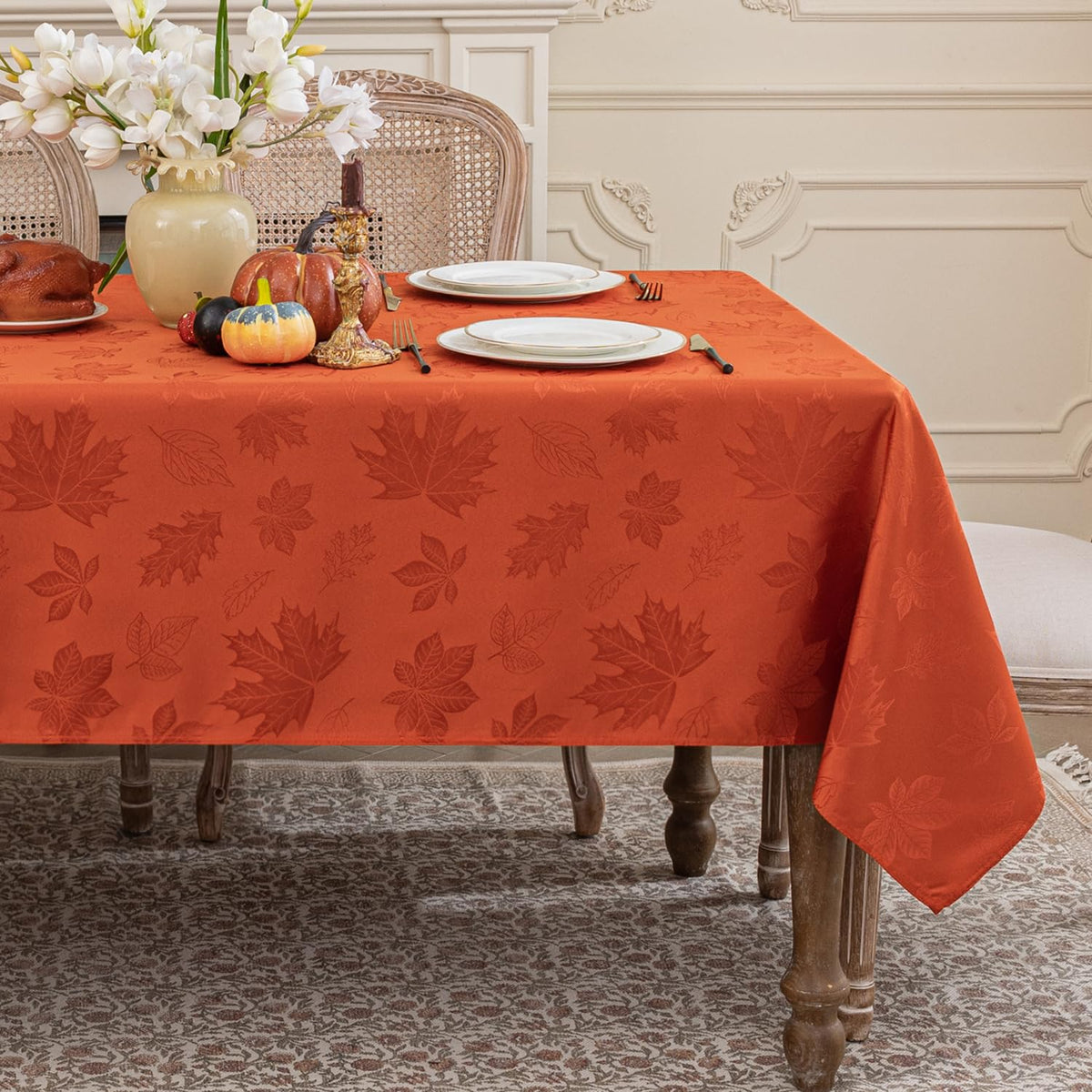 Softalker Fall Jacquard Rectangle Tablecloth, 60 x 84 Inch Burnt Orange