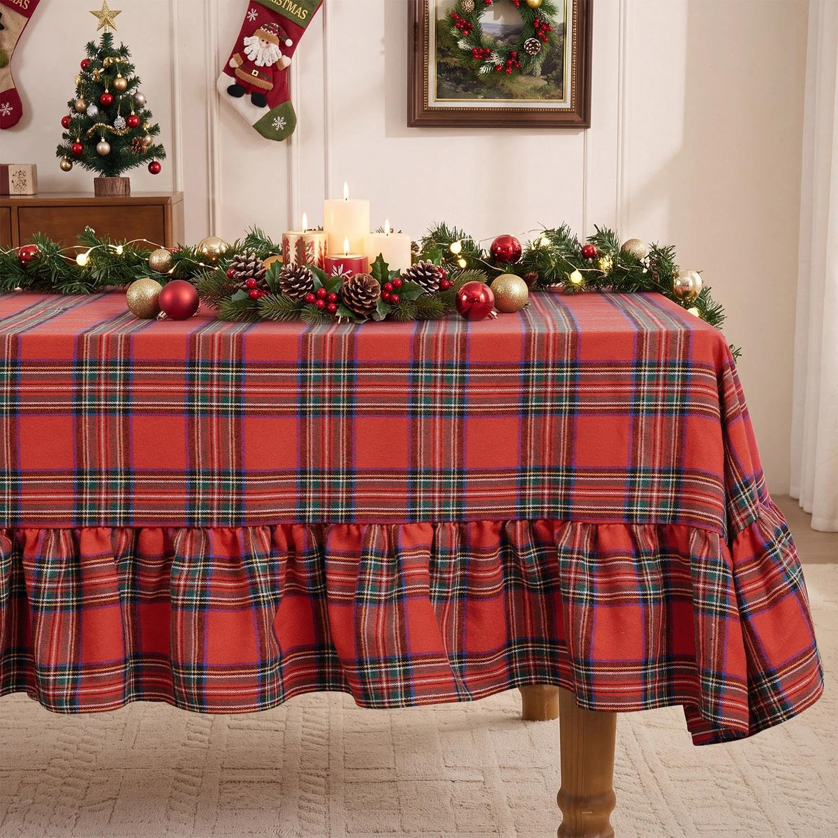Romanstile Gingham Ruffled Tablecloth Rectangle, 60 x 84 Inch, Sage Green