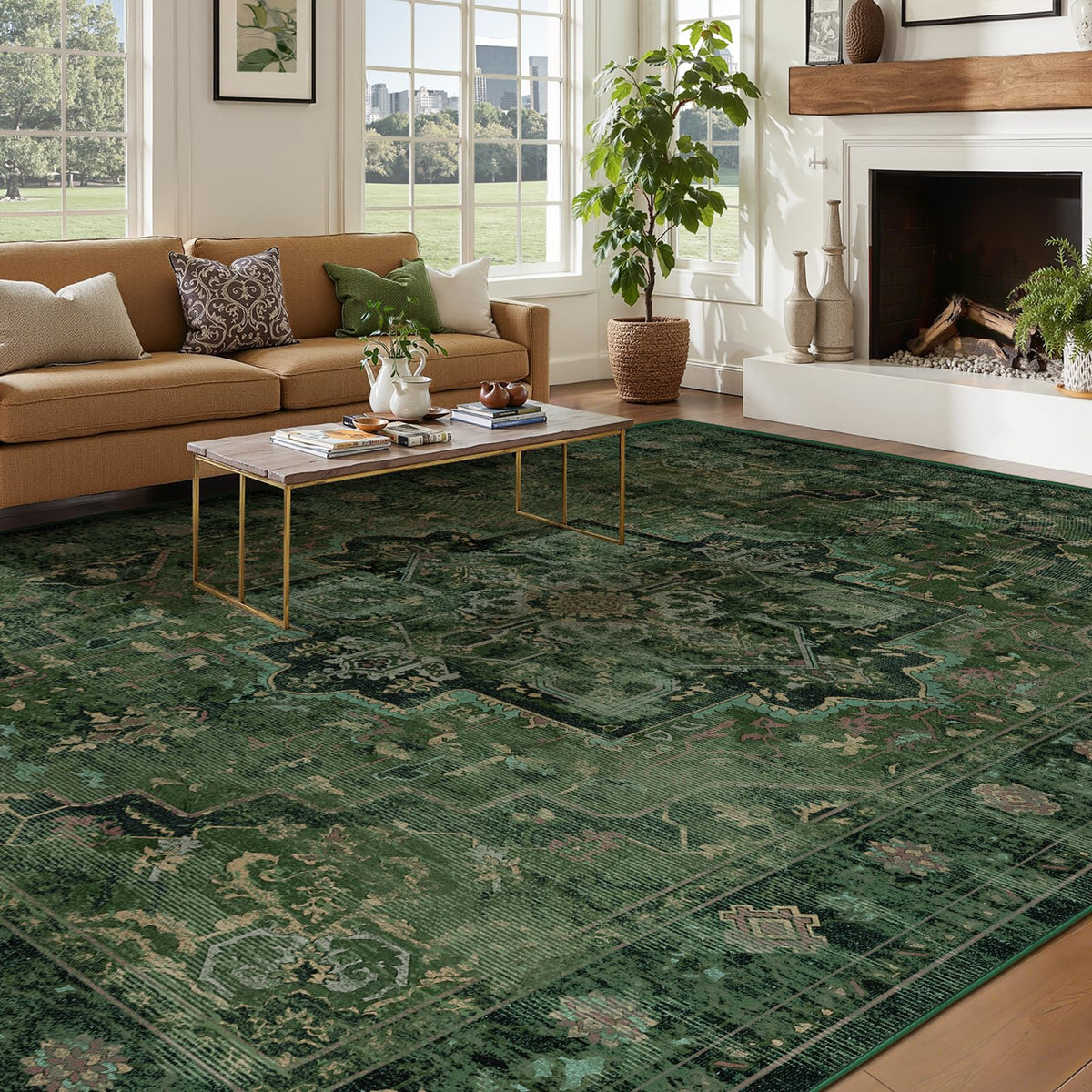Vintage Dark Green Area Rugs 5x7 for Living Room, Tranditional Distressed Medallion Printed Low Pile Thin Rugs for Bedroom, Non Slip Washable Carpet Rugs for Dining Room/Kitchen/Home Office
