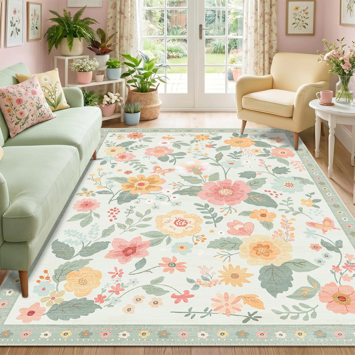 RELEANY Floral Washable 5x7 Area Rugs Black