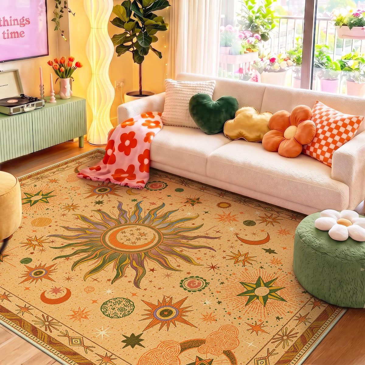 Vacuum-Friendly, 5x7 Washable Area Rug, Black Gold Beige Red