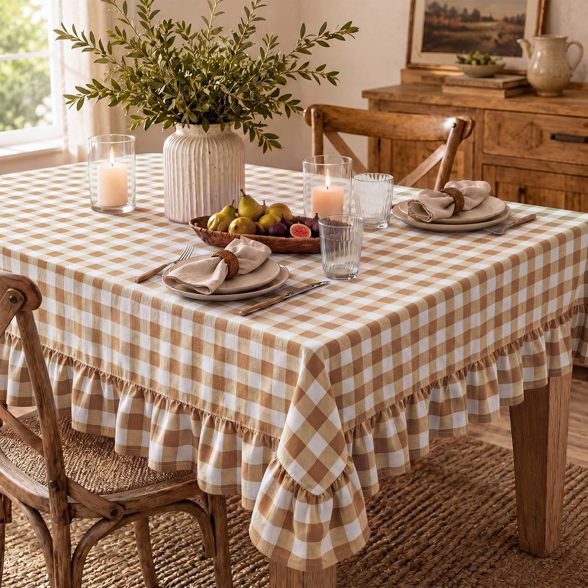 Mindsoft Brown Ruffled Gingham Tablecloth, 52 x 70 Inches, Rectangle