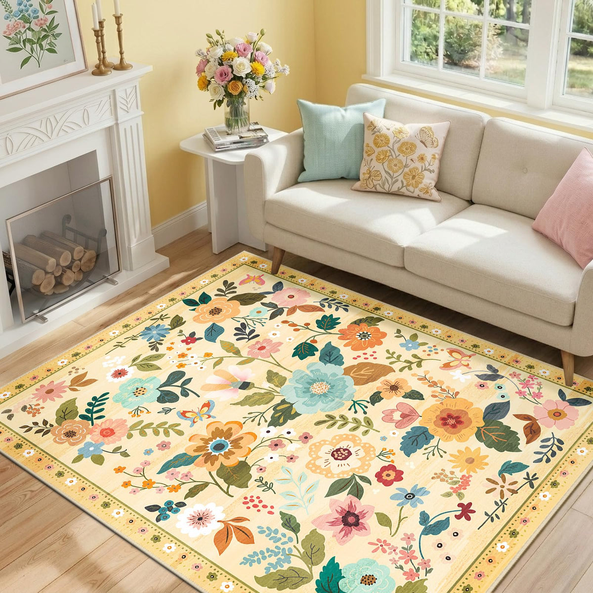 RELEANY Floral Washable 5x7 Area Rugs Black
