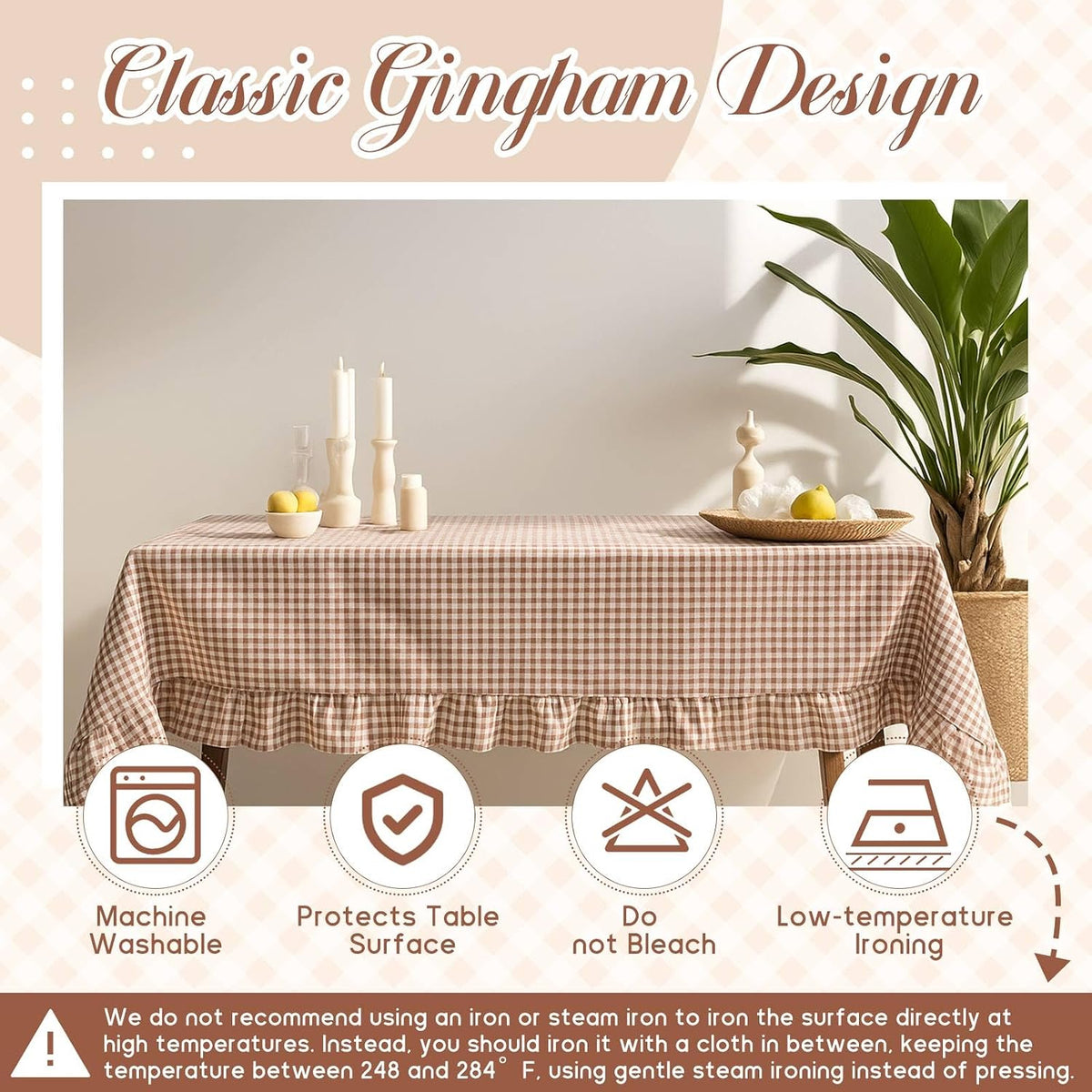 Mindsoft Brown Ruffled Gingham Tablecloth, 52 x 70 Inches, Rectangle