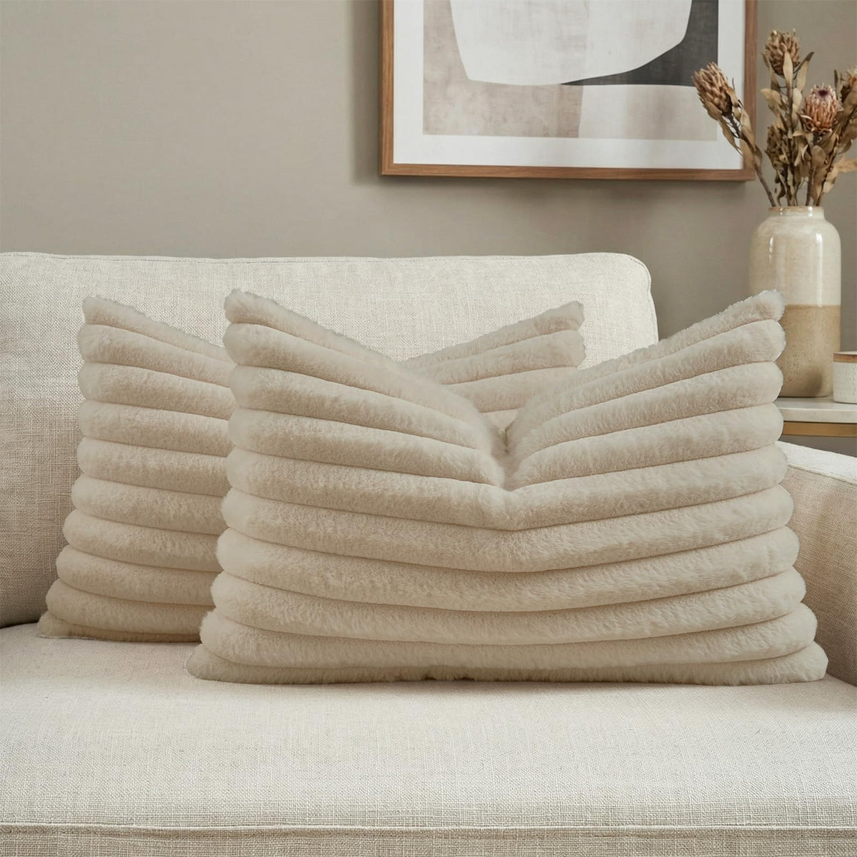 FUTEI Pack of 2 Faux Fur Throw Pillow Covers 18x18 Inch, Cream White