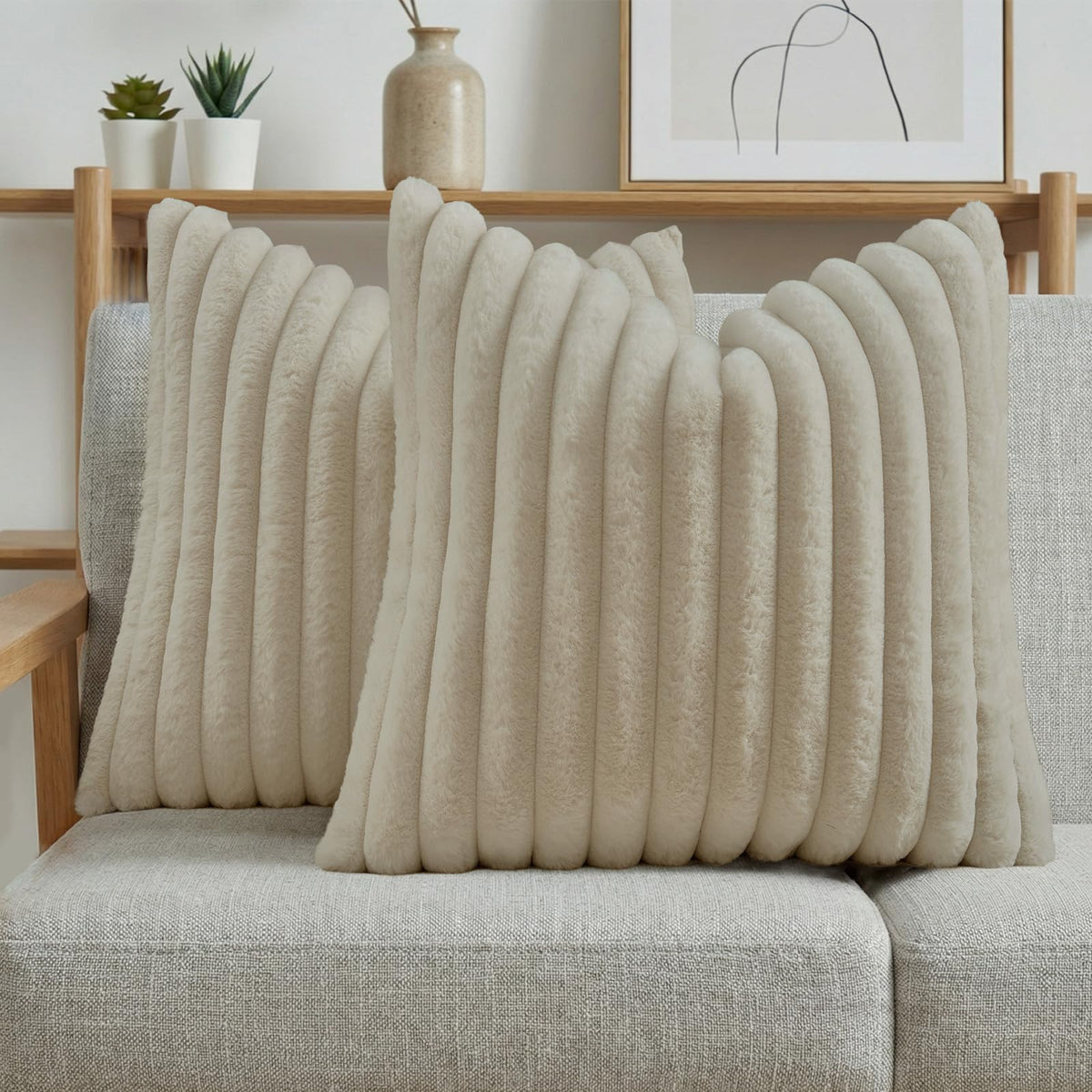 FUTEI Pack of 2 Faux Fur Throw Pillow Covers 18x18 Inch, Cream White