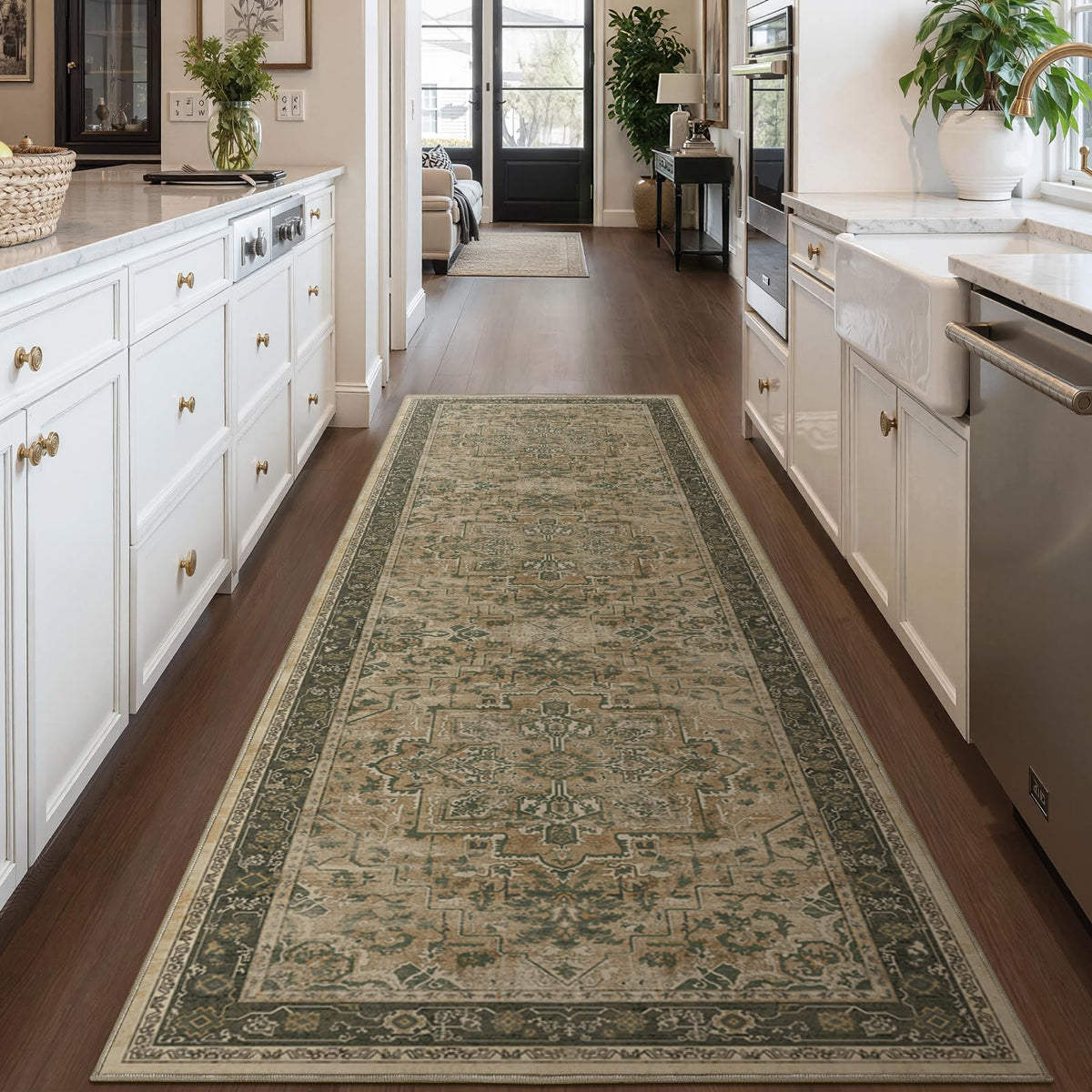 Vintage Dark Green Area Rugs 5x7 for Living Room, Tranditional Distressed Medallion Printed Low Pile Thin Rugs for Bedroom, Non Slip Washable Carpet Rugs for Dining Room/Kitchen/Home Office