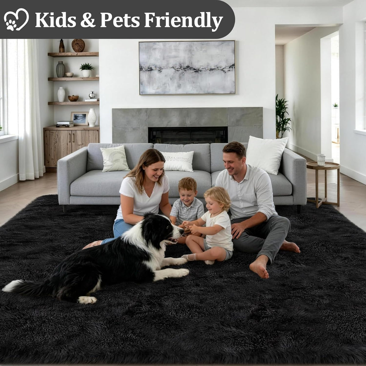 8x10 Area Rug Living Room Bedroom: Fluffy Plush Shag Carpet Black