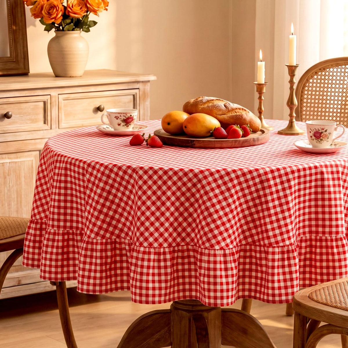 Mindsoft Brown Ruffled Gingham Tablecloth, 52 x 70 Inches, Rectangle