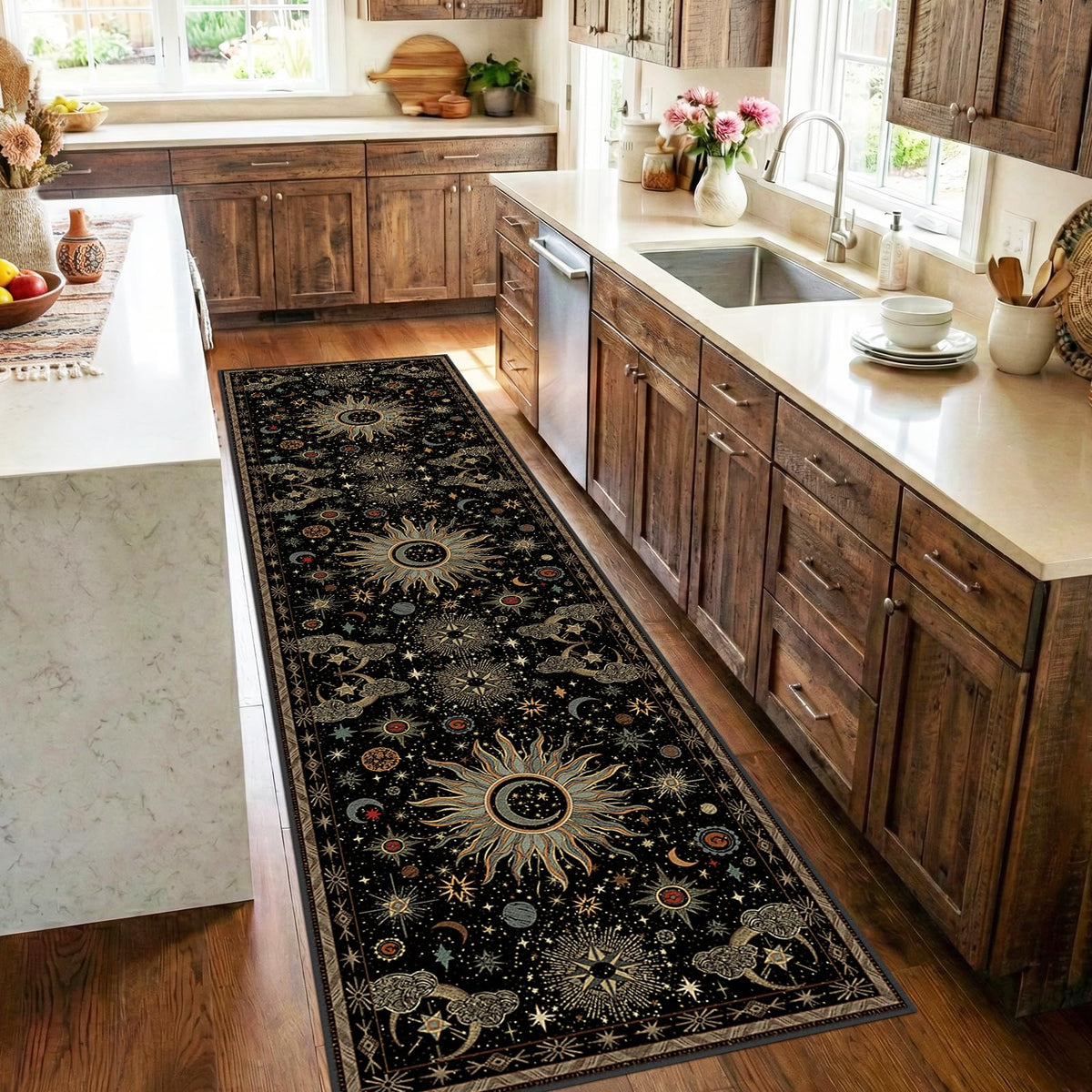 Vacuum-Friendly, 5x7 Washable Area Rug, Black Gold Beige Red