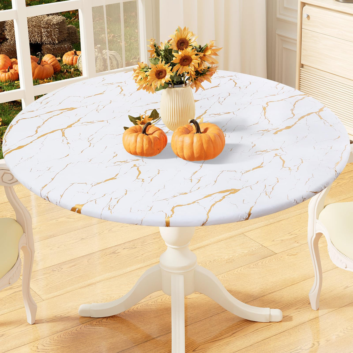 misaya Round Fitted Tablecloth with Elastic Edge, 100% Waterproof Oil Proof Plastic Table Cover, Vinyl Flannel Backed Tablecloth Fits 36"-44" Round Tables for Dinner, Outdoor, Picnic, Flowers