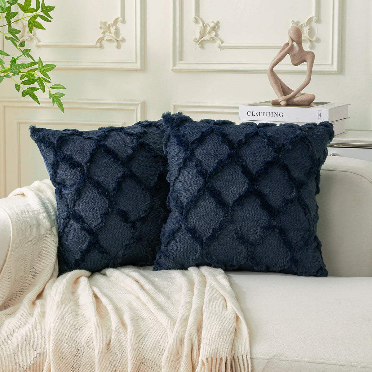 Set of 2 Soft Moroccan Throw Pillow Covers 18x18 Inch Plush Boho Decorative Pillow Cover Accent Cushion Case for Couch Sofa Bed, Beige